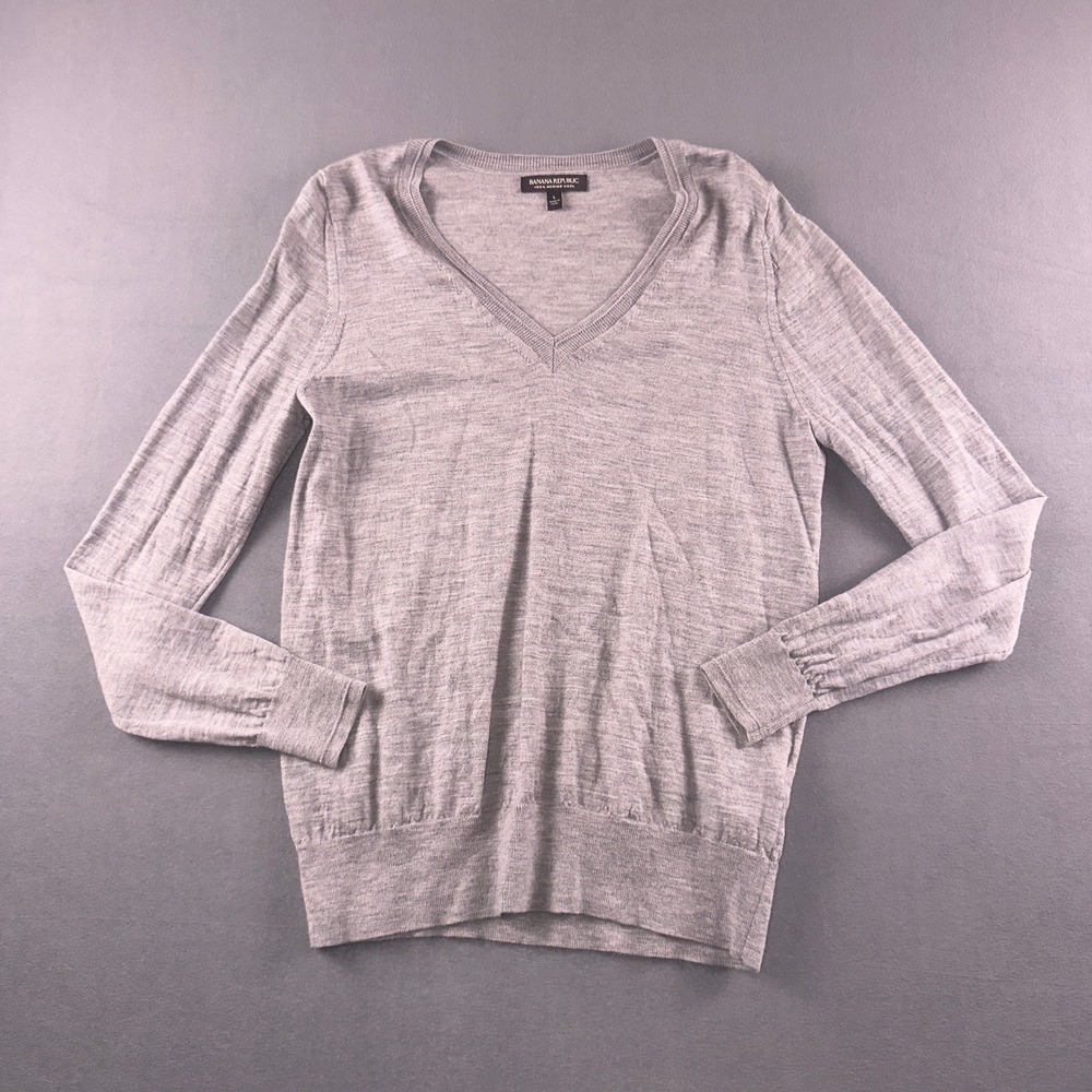 Banana Republic 100% Merino Wool V-Neck Sweater Gray Large Womens